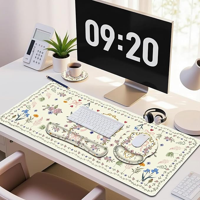 Off-White Mouse Pad, Cute Large Desk Mat Extended Nature Aesthetic Deskpad, 4 PCS Non-Slip Rubber Base Computer Mouse Pads for Work, Game, Office, Home Decor Gifts I Heart Bow & Floral Magpie