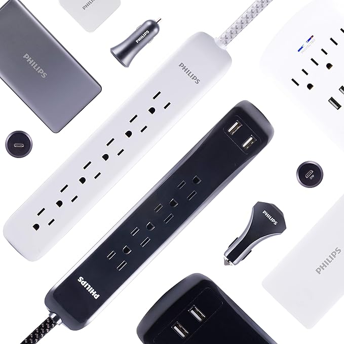 Philips 6 Outlet Surge Protector Power Strip, Designer Braided Power Cord, 4 Ft Power Cord, Flat Plug Extension Cord, Perfect for Office or Home Decor, 720 Joules, ETL Listed, Black, SPC3064BD/37