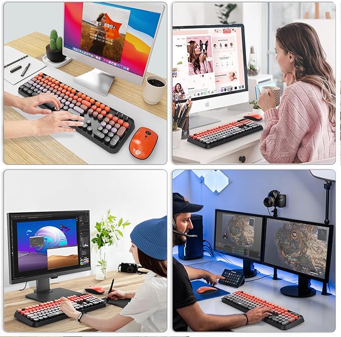 Wireless Keyboard and Mouse Combo, 104 Round Keys Cute Colorful Keyboard and Mouse with Retro Typewriter for PC Mac Laptop Tablet Computer Windows Black Red