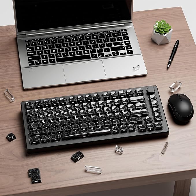 XVX Keycaps, Black Jelly Keyboard Keycaps with Glitter, Starry Key caps OEM Profile, Side Printed Keycap Set Compatible with 61/64/66/68/84/87/96/98/100/108 ANSI Layout MX Switches Mechanical Keyboard