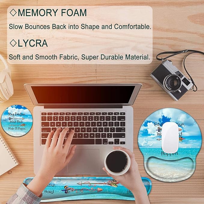 Keyboard Wrist Rest and Mouse Pad with Wrist Support, Ergonomic Gel Mouse Pad Coaster, Easy Typing Pain Relief, Memory Foam Keyboard Mousepad Set,Stay Positive Work Hard Make It Happen