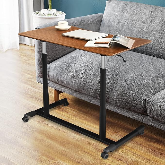 COSTWAY Mobile Height Adjustable Standing Desk, Compact Pneumatic Sit to Stand Computer Desk w/Lockable Casters, Ergonomic Rolling Laptop Table w/Steel Frame for Home Office (Espresso)
