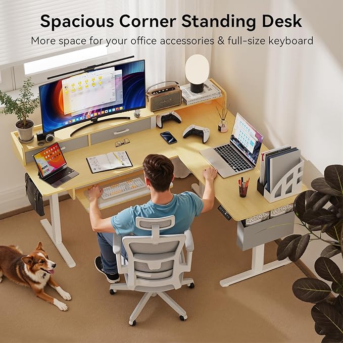 63 Inches Height Adjustable L Shaped Standing Desk with 2 Drawers and Keyboard Tray, Electric Sit to Stand Home Office Comupter Table, Ergonomic Corner Gaming Desk, Oak