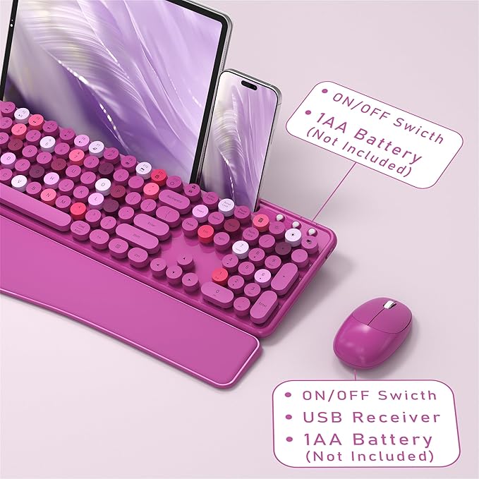 Colorful Wireless Computer Keyboard and Mouse Combo with Phone Holder, Wrist Rest, Typewriter Keys, 2.4GHz Wireless, Full-Sized Optical Mouse for PC and Laptop (Rose-Red)