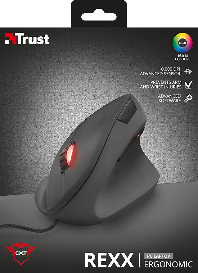 Trust Gaming GXT 144 Rexx Vertical Ergonomic Gaming Mouse, 250-10,000 DPI, 6 Buttons, Black