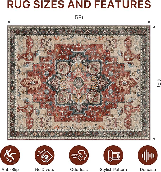 48"x60" Office Chair Mat for Hardwood Tile Floor, Under Desk Carpet Protector for Rolling Computer Chair Mat, Machine Washable Area Rug, Anti-Slip 1/5" Thick Low Pile Thin Vinyl Floor Mat, Annatto