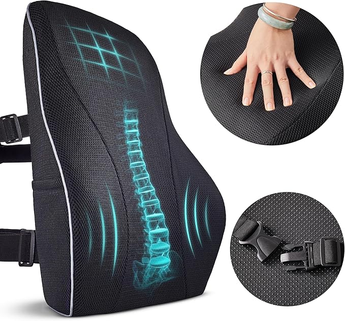 Extra Dense Lumbar Pillow with Double Adjustable Straps - Ergonomic Lumbar Support Pillow for Office Chair, Car, Couch Firm Back Support for Lower Back & Spine Pain Relief Memory Foam Cushion