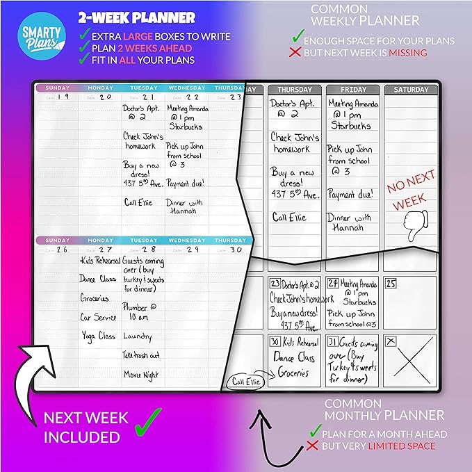 Dry Erase Weekly Extra Thick Magnetic Calendar for Refrigerator: 17x13 Two Week Planner and 6x9 White Board, 4 Fine Tip Markers and Eraser with Magnets. Stain Resistant. Shipped Flat.