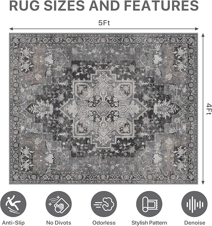 48"x60" Office Chair Mat for Hardwood Tile Floor, Under Desk Carpet Protector for Rolling Computer Chair Mat, Machine Washable Area Rug, Anti-Slip 1/5" Thick Low Pile Thin Vinyl Floor Mat, Black