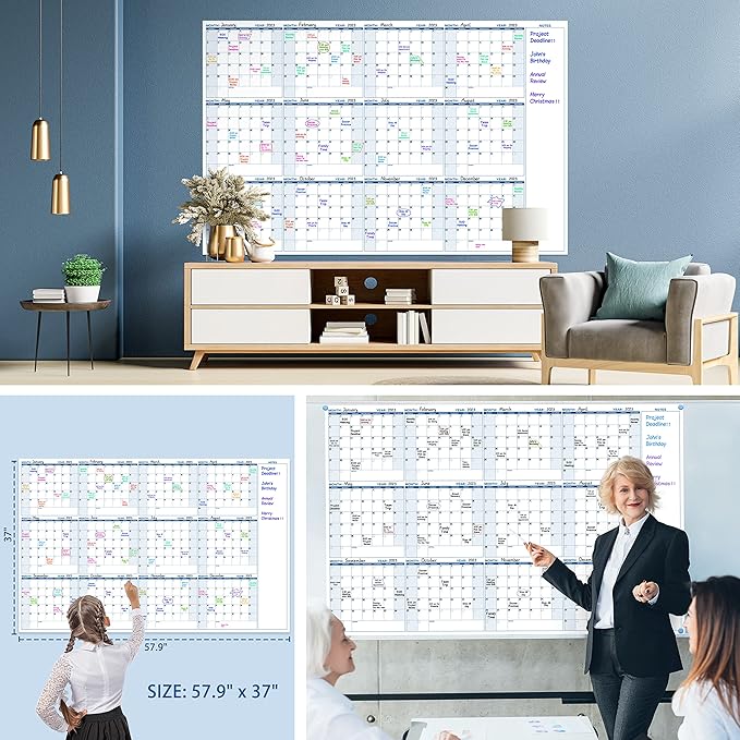 Large Dry Erase Calendar for Wall β Yearly Wall Calendar Dry Erase, 37" x 57.9", 12-Month Undated Blank Calendar Planner, Reusable Laminated Task Organizer with Note, Great for Office, Classroom, Home