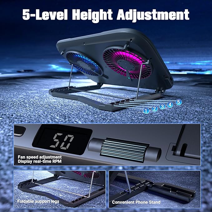 Dual-Core TEC Laptop Cooling Pad with Dual Stepless-Quiet Fans, 5-Height Adjustable Laptop Cooling Stand, 10-Level RGB for 13-17 Inch Laptops, Includes 15W Charger, Smoky Black