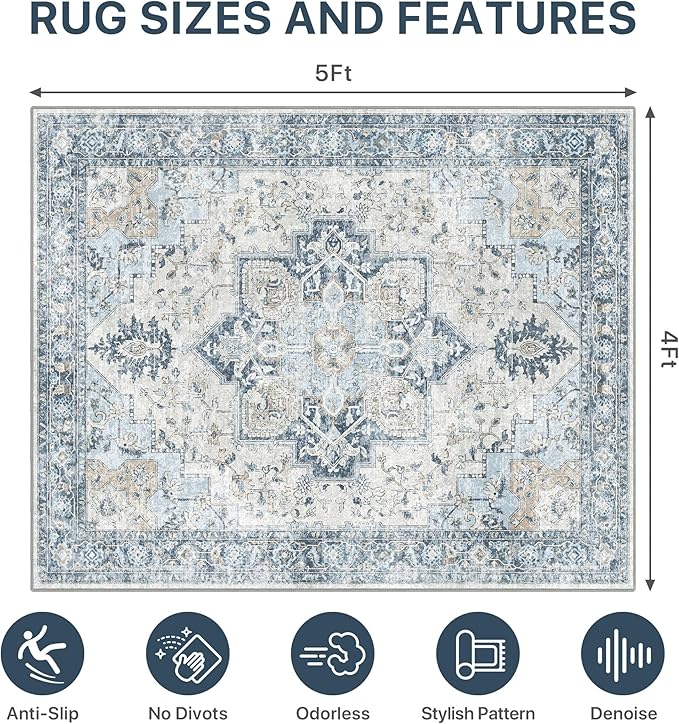 48"x60" Office Chair Mat for Hardwood Tile Floor, Under Desk Carpet Protector for Rolling Computer Chair Mat, Machine Washable Area Rug, Anti-Slip 1/5" Thick Low Pile Thin Vinyl Floor Mat, Blue