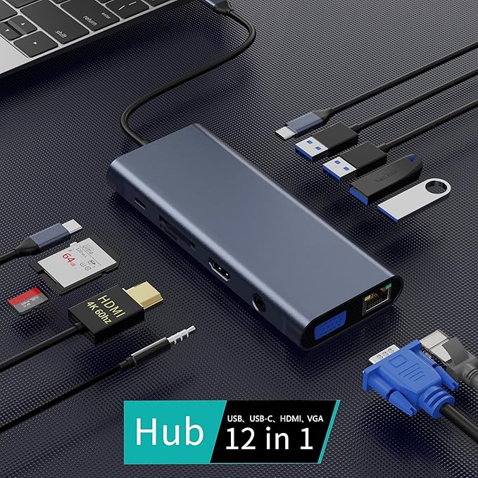 USB C Docking Station Hub (12 -in-1) with 4K 60HZ HDMI, Ethernet, VGA,Audio, USB3.0 TF/SD Dongle Docking Station Compatible for MacBook iPad Pro Dell Hp Lenovo