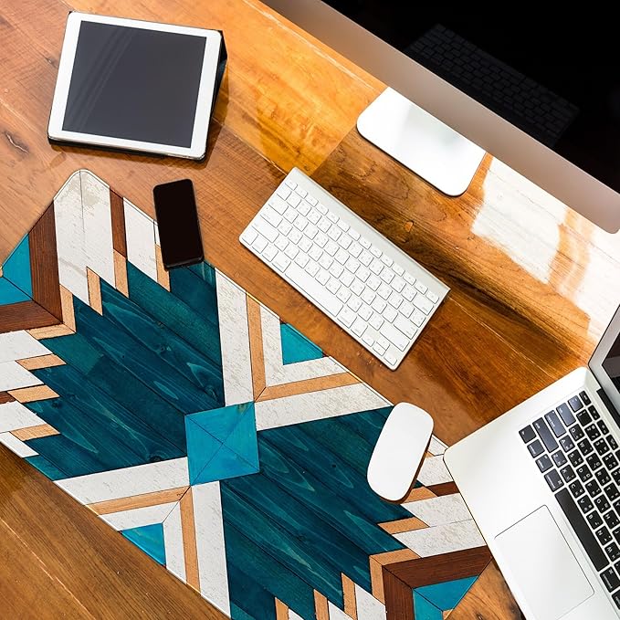 Western Mouse Pad Big Desk Accessories Blue Green Aztec Rug Desk Mat Retro Gaming Large Mousepad Vintage Computer Gifts for Cowboy Cowgirl Western Office Decor 23.6x11.8
