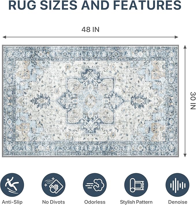 30"x48" Office Chair Mat for Hardwood Tile Floor, Under Desk Carpet Protector for Rolling Computer Chair Mat, Machine Washable Area Rug, Anti-Slip 1/5" Thick Low Pile Thin Vinyl Floor Mat, Blue