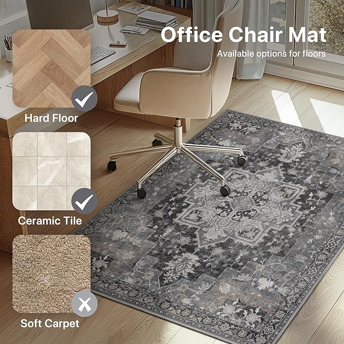 48"x48" Office Chair Mat for Hardwood Tile Floor, Under Desk Carpet Protector for Rolling Computer Chair Mat, Machine Washable Round Area Rug, Anti-Slip 1/5" Thick Low Pile Thin Floor Mat, Black