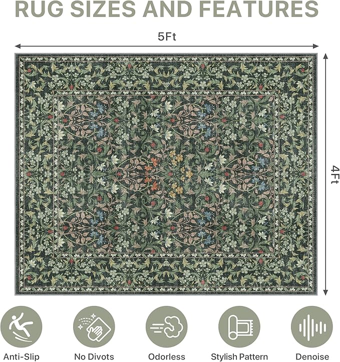 48"x60" Office Chair Mat for Hardwood Tile Floor, Under Desk Carpet Protector for Rolling Computer Chair Mat, Machine Washable Area Rug, Anti-Slip 1/5" Thick Low Pile Thin Vinyl Floor Mat, Moss Green