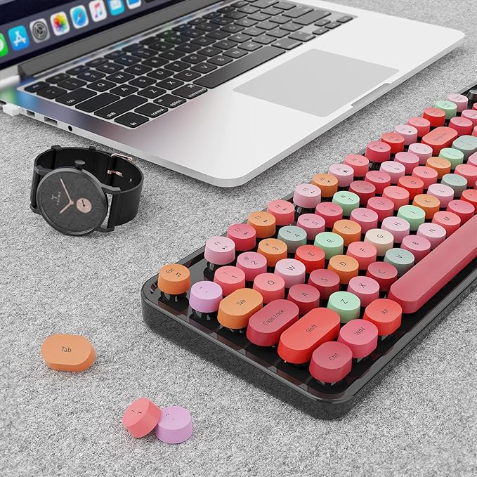 Wireless Keyboard and Mouse Combo, Ergonomic Full Size Typewriter Retro Round Keycaps Keyboard, Compatible with Windows, PC, Perfer for Home and Office Keyboards (Red