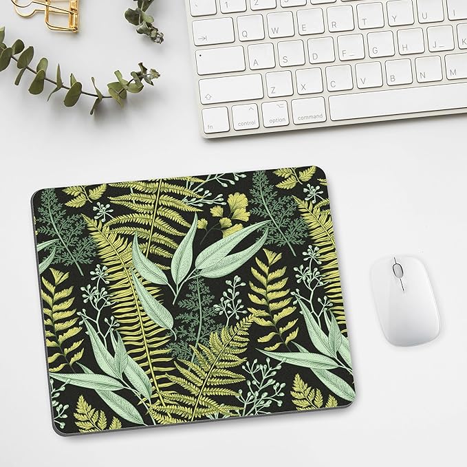 Green Leaf Mouse Pad Cute, Vintage Floral Botanical Plant Rectangular Mousepad Black Aesthetic Nature Herb Office Small Forest Portable Desk Pad Non-Slip Mouse Mat Washable Desk Decor Accessories