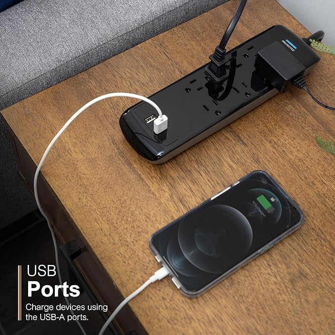 GE Pro 7-Outlet Surge Protector, 2 USB Ports, 3 Ft Extension Cord, 1780 Joules, 2.1 AMP/10 Watt, 3 Adapter Spaced Outlets, Flat Plug, Wall Mount, Warranty, ETL Listed, Black, 37054