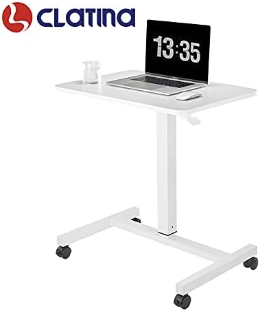 CLATINA Mobile Laptop Desk Pneumatic Sit to Stand Table Height Adjustable Rolling Cart with Lockable Wheels for Home Office Computer Workstation 28" x 19" White Round Edge Design Elegant