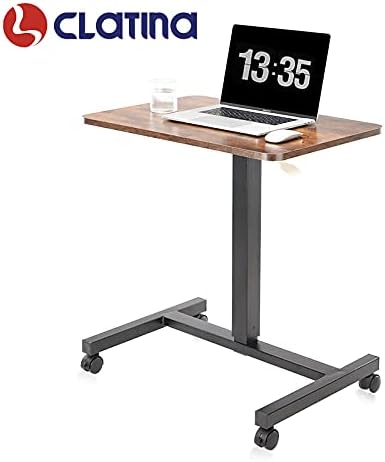 CLATINA Mobile Laptop Desk Pneumatic Sit to Stand Table Height Adjustable Rolling Cart with Lockable Wheels for Home Office Computer Workstation 28" x 19" Brown Round Edge Design Elegant
