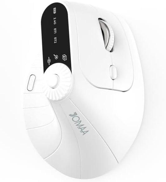 JOMAA Wireless 2.4G & Dual Bluetooth Three-Channel Ergonomic Vertical Mouse Adjustable DPI, Multi-Function Turntable for PC, Laptop, MacBook, Rechargeable (White)