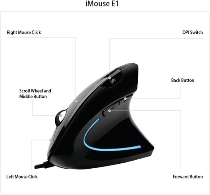 Adesso Wired Vertical Ergonomic Illuminated Optical 6-Button USB Mouse - Right Hand Orientation, Black