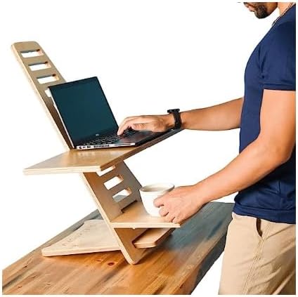 Sleekform Standing Desk Converter - Elevation Stand, Laptop Riser, Adjustable Height Sit to Stand Desk Converter Workstation for Office and Home, Table Top Wood Portable