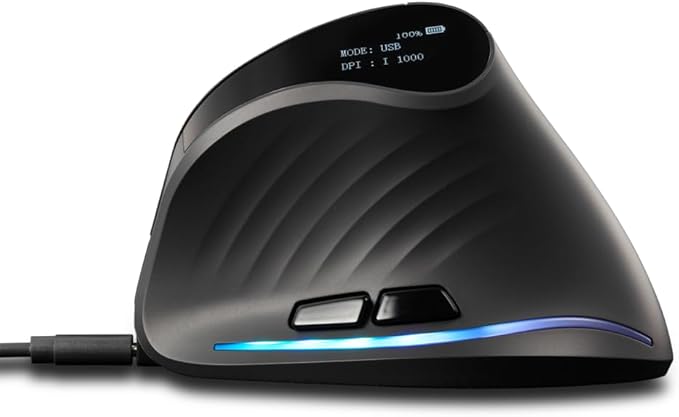 zelotes Bluetooth Wireless Vertical Mouse with Display,Rechargeable,Dual Mode (BT 5.0/3.0 + 2.4G USB Receiver),4000 DPI(5-Level Adjustable),Optical Portable Ergonomic Mouse for PC,Laptop,Tablets,Black
