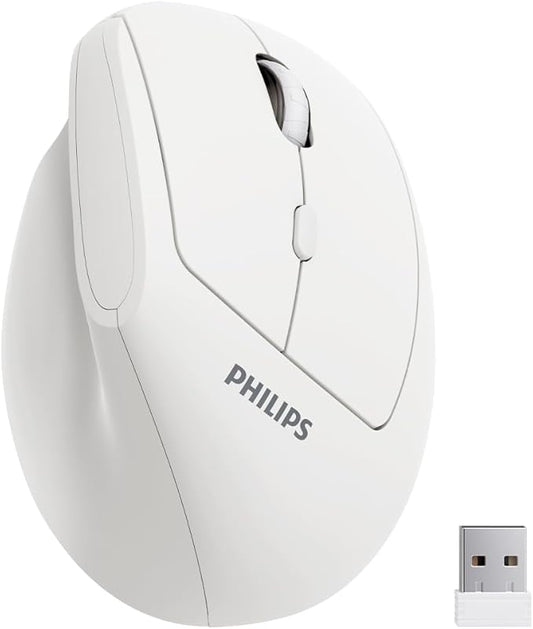 Philips Ergonomic Mouse - Vertical Mouse with 800/1200/1600 Adjustable DPI, 6 Silent Buttons, Auto Power Saving,Light Weight,2.4GHz Wireless Mouse for Laptop,Desktop, PC- White