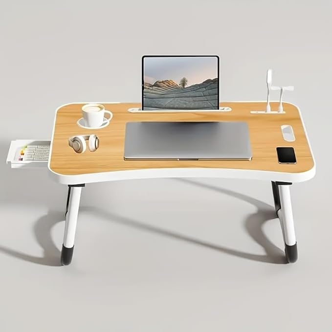 Portable Foldable Laptop Bed Table with 3 Port USB, Storage Drawer and Cup Holder, Laptop Desk Stand Tray for Eating, Reading and Working (Peach Wood)