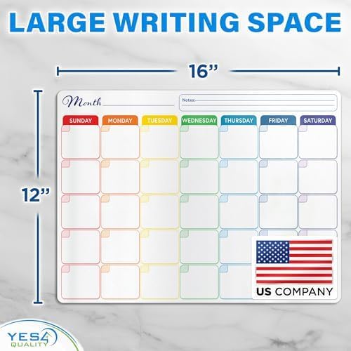 Whiteboard Calendar - 16x12 in - Magnetic Monthly Dry Erase Planner with Adhesive Back - Erasable Weekly Chore Chart with 3 Markers, Eraser, Holder - Ideal for Fridge or Wall Use - Yes4Quality
