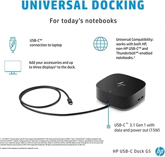 HP USB-C Dock G5, 26D32AA#ABL, Universal Docking Station with USB-C, HDMI, DisplayPort, Ethernet, Audio, USB 3.0 – Renewed