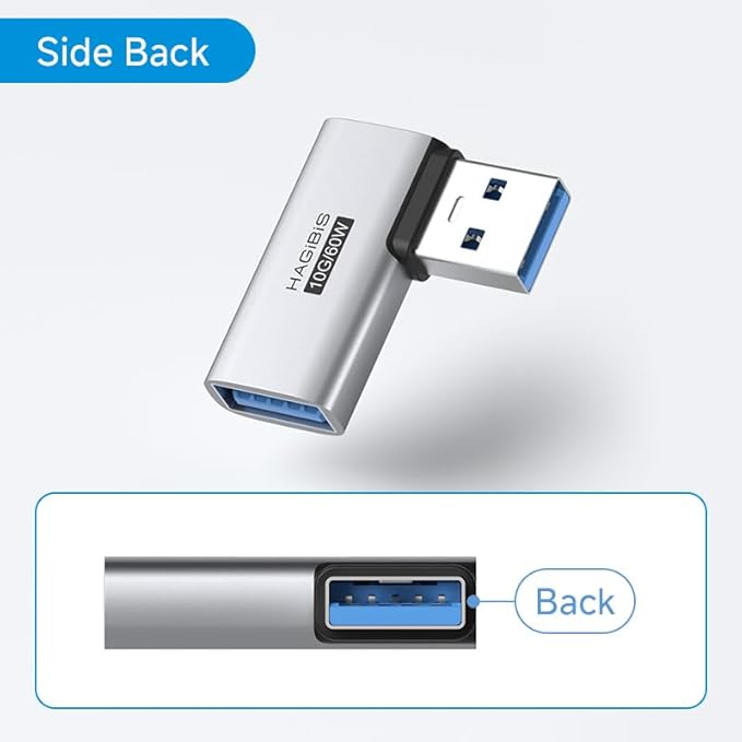Hagibis USB 3.2 Adapter 2 Pack, 90 Degree Right and Left Angle USB A Male to Female Connector OTG Adapter Cable Extender for Laptops Charger PC Car Mouse Keyboard (Side Back)