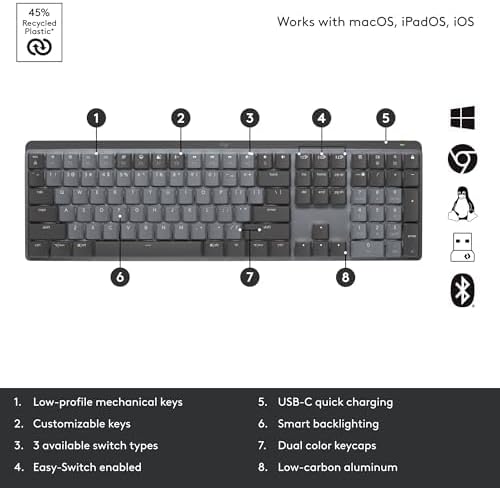 Logitech MX Mechanical Wireless Illuminated Performance Keyboard, Linear Switches, Backlit Keys, Bluetooth, USB-C, macOS, Windows, Linux, iOS, Android, Metal