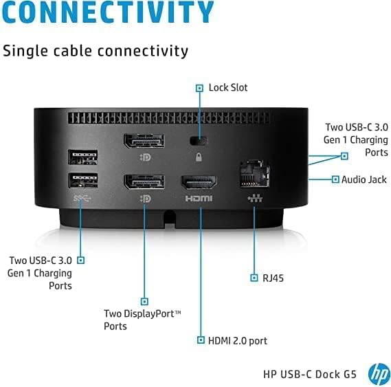 HP USB-C Dock G5, 26D32AA#ABL, Universal Docking Station with USB-C, HDMI, DisplayPort, Ethernet, Audio, USB 3.0 – Renewed