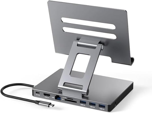 iPad Pro USB C Hub Stand, 9 in 1 Adapter for iPad Air M5 M3 M4 13 12.9 Inch Docking Station 4K 60Hz HDMI, RJ45 Ethernet, SD/TF Card Reader, 3 USB 3.0, 3.5mm Audio, iPad Accessories Samsung Tablet Dock