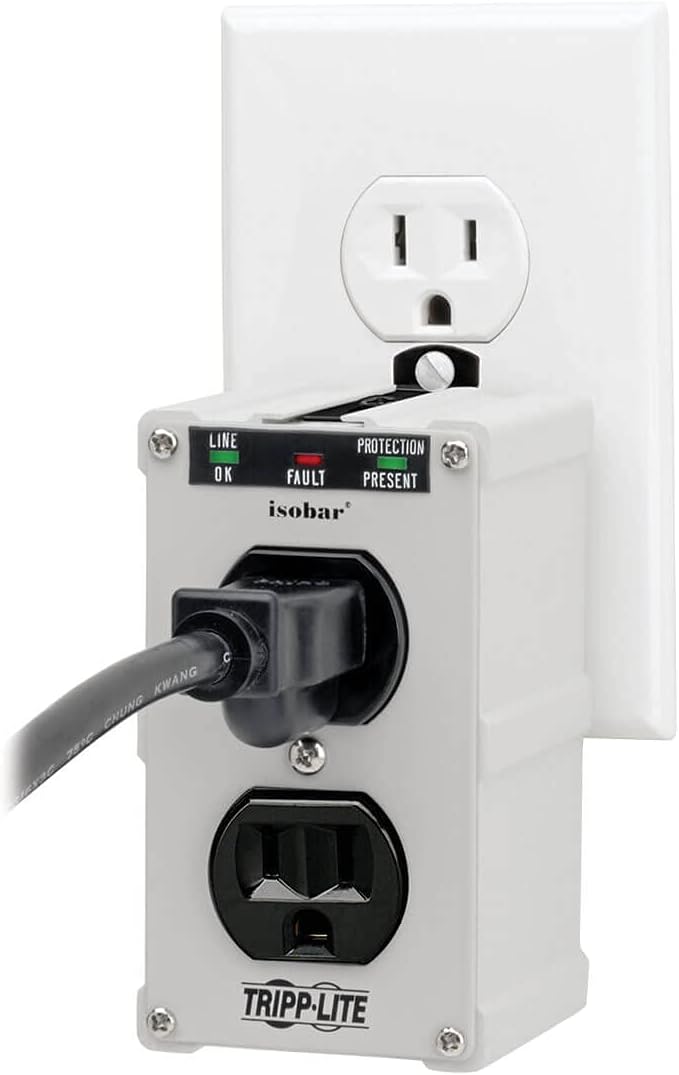 Tripp Lite Isobar ISOBLOK2-0 Heavy Duty Outlet Extender, Wall Power Strip Surge Protector, 2 Outlets, Direct Plug-in, White, Metal Power Strip, Industrial Garage Work Shop Bench
