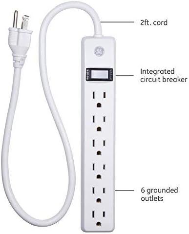 GE 6-Outlet Power Strip, 2 Ft Extension Cord, Heavy Duty Plug, Grounded, Integrated Circuit Breaker, 3-Prong, Wall Mount, UL Listed, White, 14830
