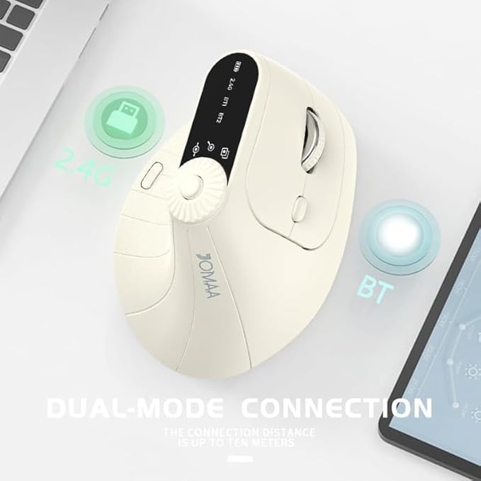 JOMAA Wireless 2.4G & Dual Bluetooth Three-Channel Ergonomic Vertical Mouse Adjustable DPI, Multi-Function Turntable for PC, Laptop, MacBook, Rechargeable (Beiga)