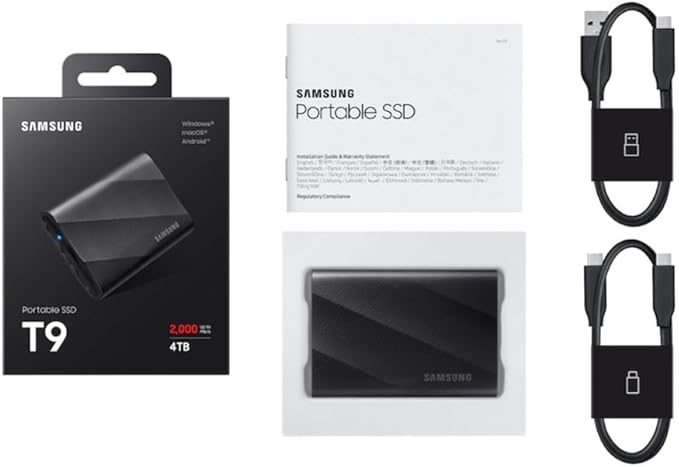 Samsung MU-PG4T0B/AM T9 4TB Portable SSD, USB 3.2 Gen 2x2 2,000 MB/s Speed, Black Bundle with Hard Shell Case & Converter Adapter Type C Adapter, Type-C USB C Female to USB2.0 USB 2.0 A Male