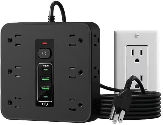 16-in-1 Surge Protector Power Strip with 12 AC Outlets, 4 USB Ports (2 USB-C & 2 USB-A) | 10A Overload Protection, Flat Plug Extension Cord for Home Office Gaming Travel (Black, 6FT)