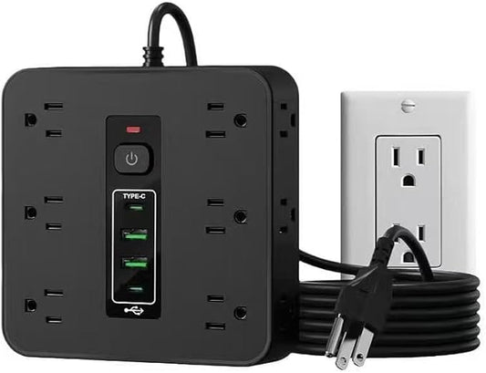 16-in-1 Surge Protector Power Strip with 12 AC Outlets, 4 USB Ports (2 USB-C & 2 USB-A) | 10A Overload Protection, Flat Plug Extension Cord for Home Office Gaming Travel (Black, 6FT)