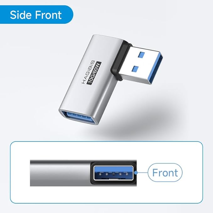 Hagibis USB 3.2 Adapter 2 Pack, 90 Degree Right and Left Angle USB A Male to Female Connector OTG Adapter Cable Extender for Laptops Charger PC Car Mouse Keyboard (Side Front)