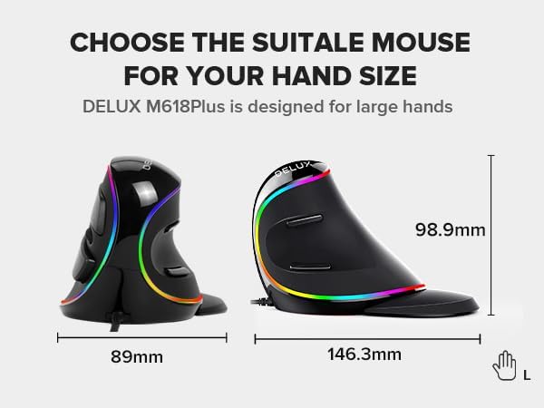 DELUX Ergonomic Vertical Mouse, Wired Ergo Mouse for Large Hands, 6 Programmable Buttons, Up to 12800 DPI, Removable Wrist Rest, Vibrant RGB Backlit, for Windows 7/8/10/XP/Vista (M618Plus RGB-Wired)