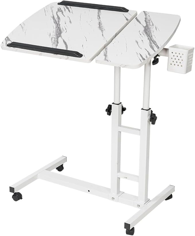 Overbed Table,Adjustable Laptop Desk with Cart, Computer Workstation, Bed Side Table, Tiltable Table and Mouse pad for Laptop-Marble White