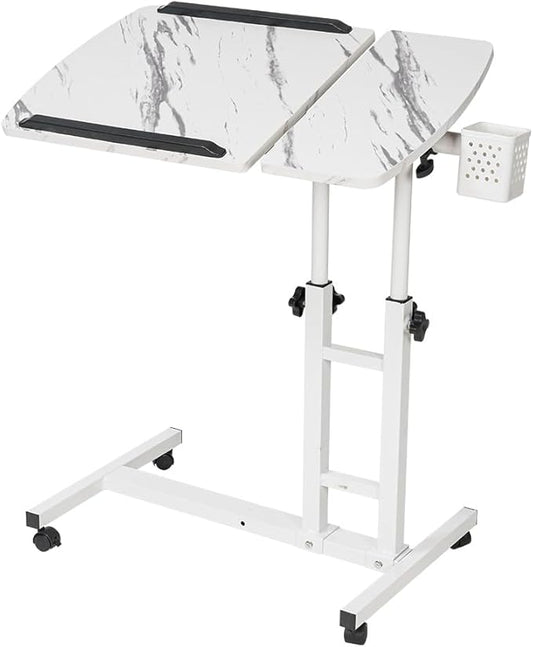 Overbed Table,Adjustable Laptop Desk with Cart, Computer Workstation, Bed Side Table, Tiltable Table and Mouse pad for Laptop-Marble White