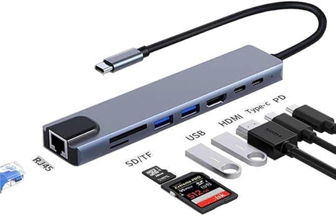 USB C Hub Adapter Laptop Docking Station 8 in 1 USBC Dongle to 4K HDMI,Ethernet,2 USB,Type-C,SD TF Card Reader,PD 100W Compatible with iPhone16/MacBook/Dell and Other Type C Laptops Device