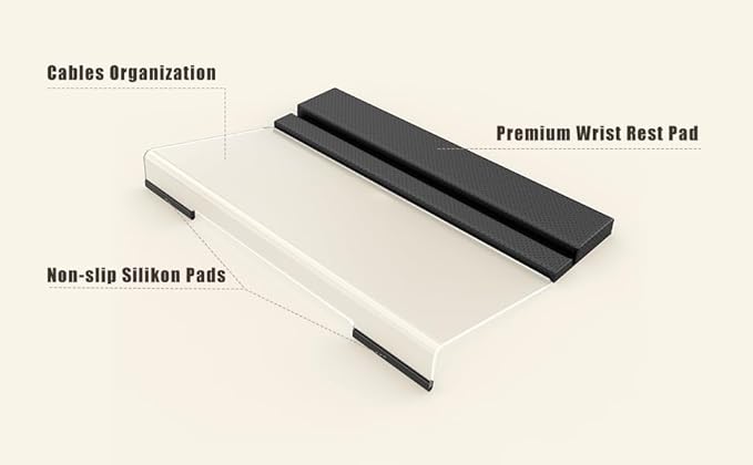 Acrylic Keyboard Stand with Ergonomic PU Leather Wrist Rest & Storage – Adjustable Tilted Riser for All Sized Keyboards, Office & Home Desk Organizer, Clear